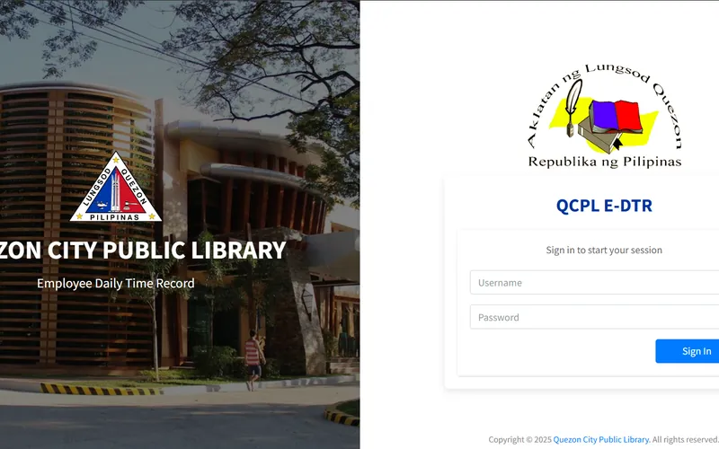 Sign-in screen of the Quezon City Public Library employee daily time record system.