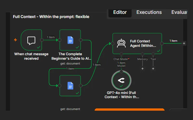 n8n canvas: chat trigger, two Google Docs fetched in sequence, then the Full Context agent.