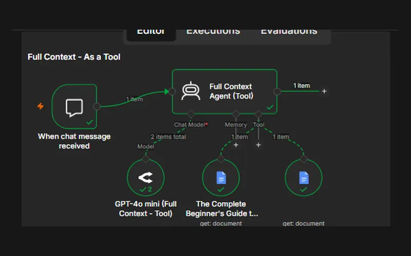 n8n canvas: Full Context agent with two Google Docs connected as tools.