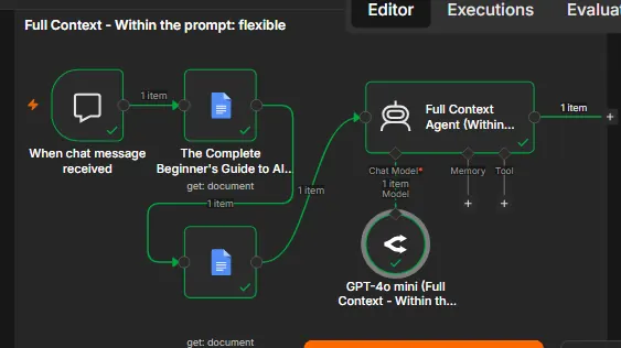 n8n canvas: chat trigger, two Google Docs fetched in sequence, then the Full Context agent.