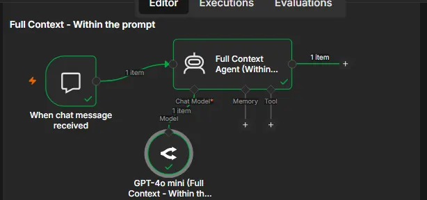 n8n canvas: chat trigger to a Full Context agent with a GPT-4o mini model.