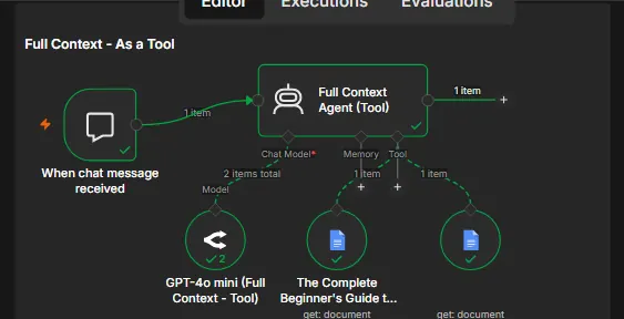 n8n canvas: Full Context agent with two Google Docs connected as tools.