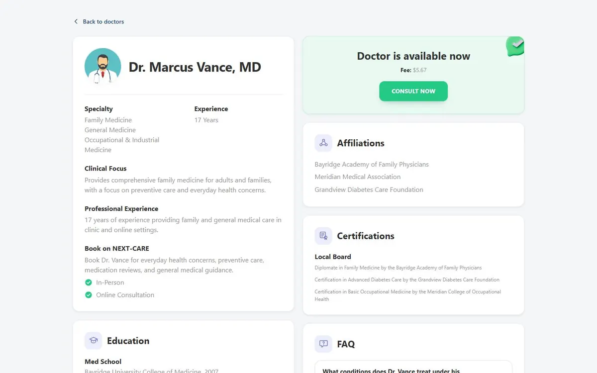 Doctor profile page with specialty, experience, affiliations, certifications and a Consult Now button showing the fee.
