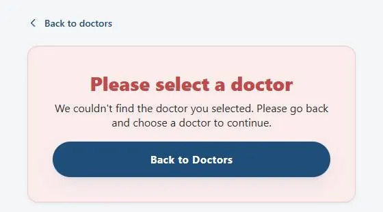 Payment page showing 'Please select a doctor' because no valid doctor was provided.