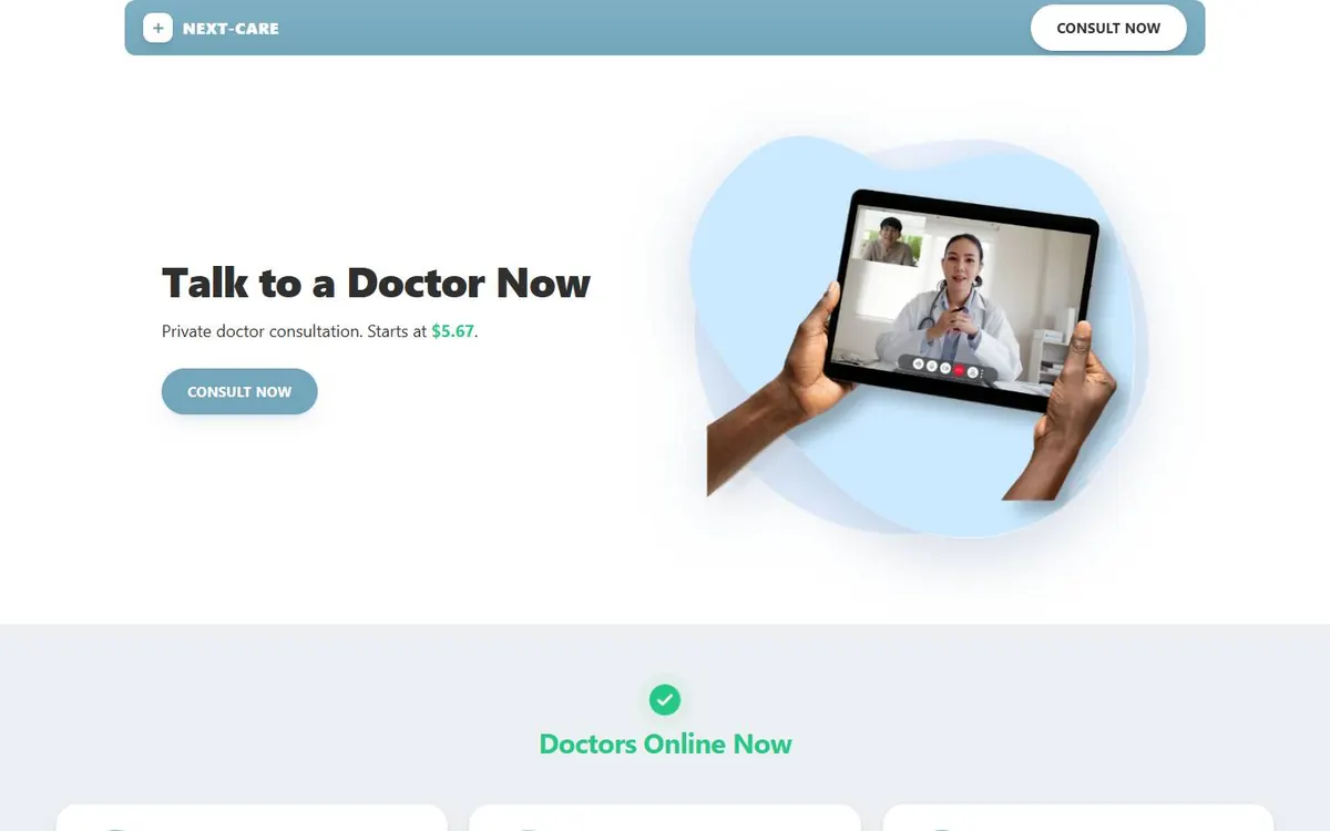 NEXT-CARE Talk to a Doctor page: headline, consultation price and a Consult Now button.