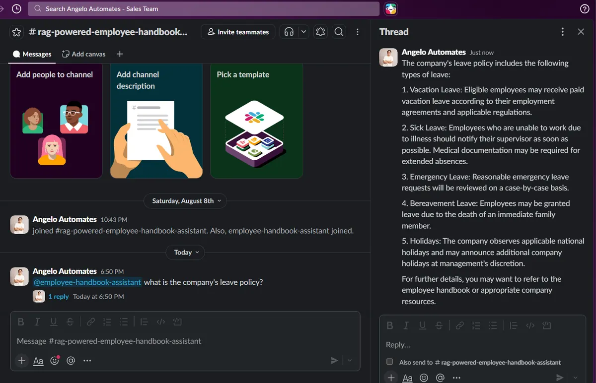 Slack thread in which the assistant lists the leave types from the employee handbook in answer to a question about leave policy.