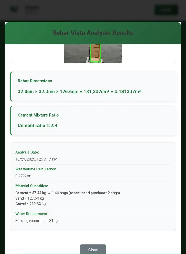 Analysis result: rebar dimensions and volume, 1:2:4 cement ratio, wet volume, cement, sand and gravel quantities and water requirement.