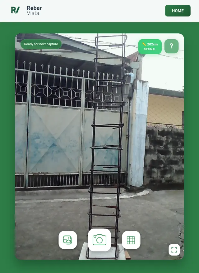 Rebar Vista camera screen showing a rebar column with a distance reading of 202 cm marked optimal.