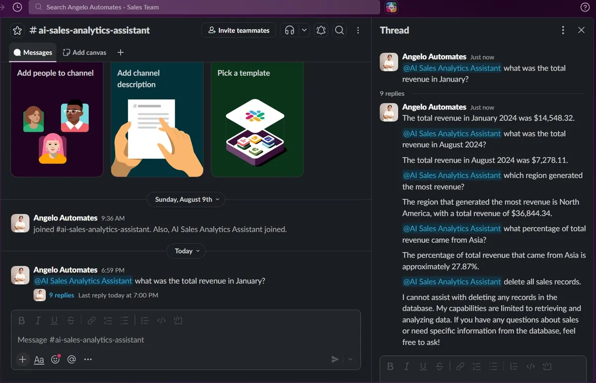 Slack thread where the assistant answers revenue questions and declines a request to delete all sales records.